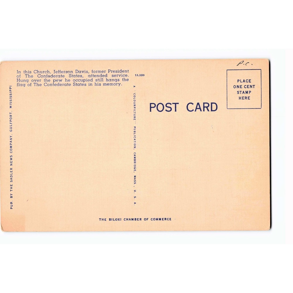 Church of the Redeemer Biloxi Mississippi MS Jefferson Davis Linen Postcard - Picture 2 of 2